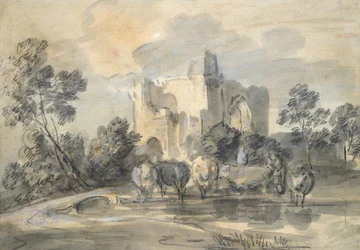 Landscape with a ruined Castle, and Cattle by a Pool